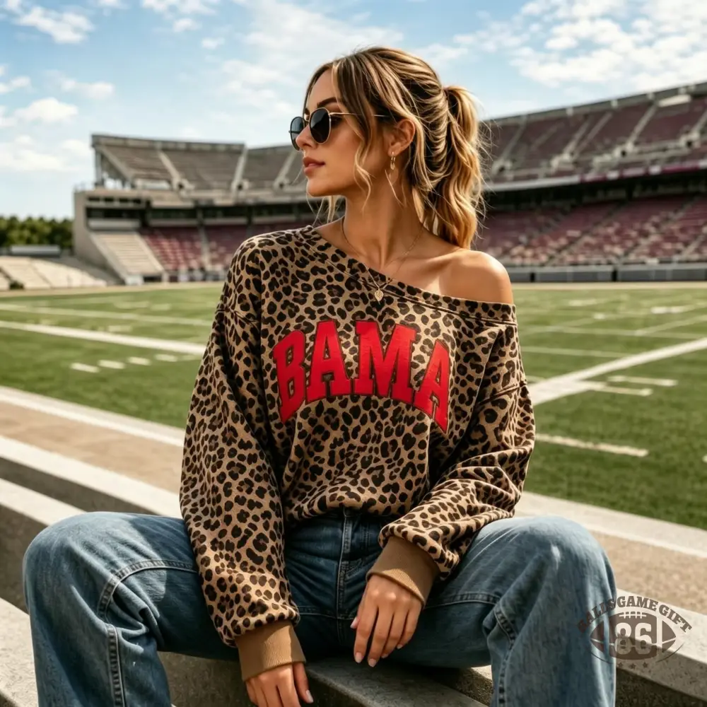 Leopard Off Shoulder Game Day Sweatshirt, Womens Oversized Team Letter Print Pullover