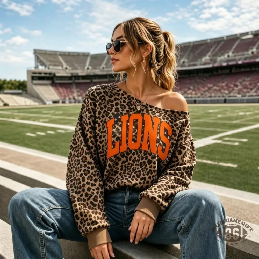 Leopard Off Shoulder Game Day Sweatshirt, Womens Oversized Team Letter Print Pullover