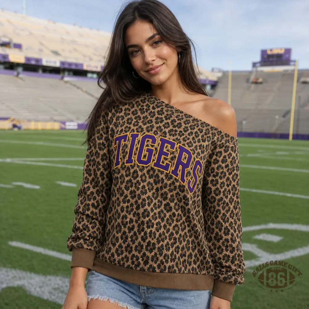 Leopard Off Shoulder Game Day Sweatshirt, Womens Oversized Team Letter Print Pullover