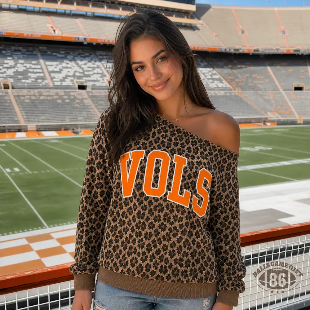 Leopard Off Shoulder Game Day Sweatshirt, Womens Oversized Team Letter Print Pullover