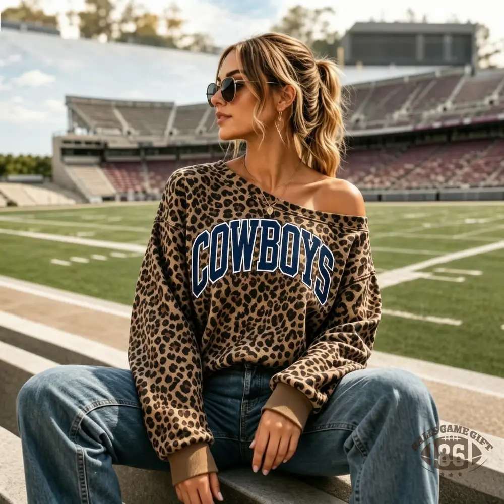 Leopard Off Shoulder Game Day Sweatshirt, Womens Oversized Team Letter Print Pullover