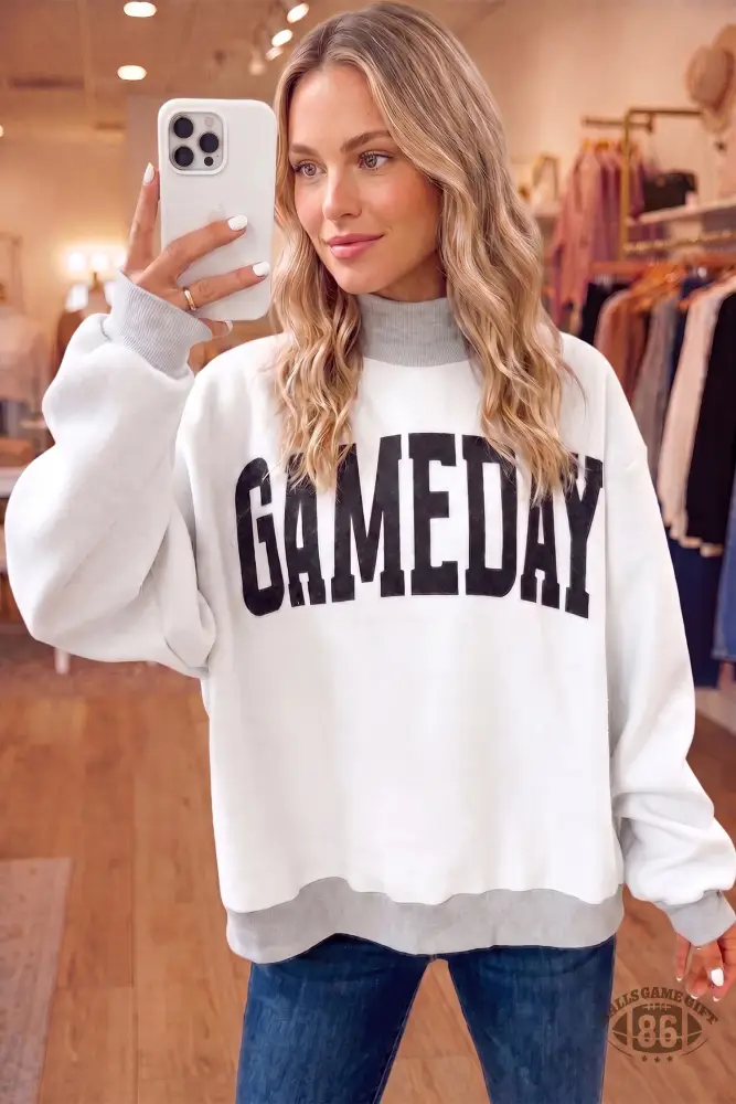 Light Gray High Neck GAMEDAY Football Reversible Sweatshirt | Double-Sided Printed Pullover