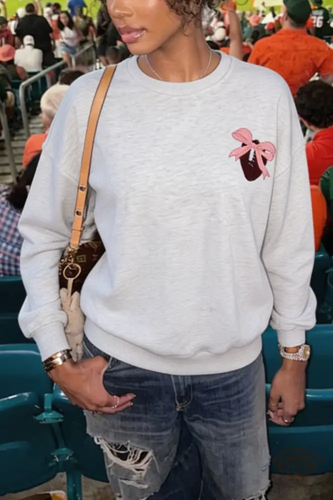 Light Grey Embroidered Football Bow Back Long Sleeve Sweatshirt