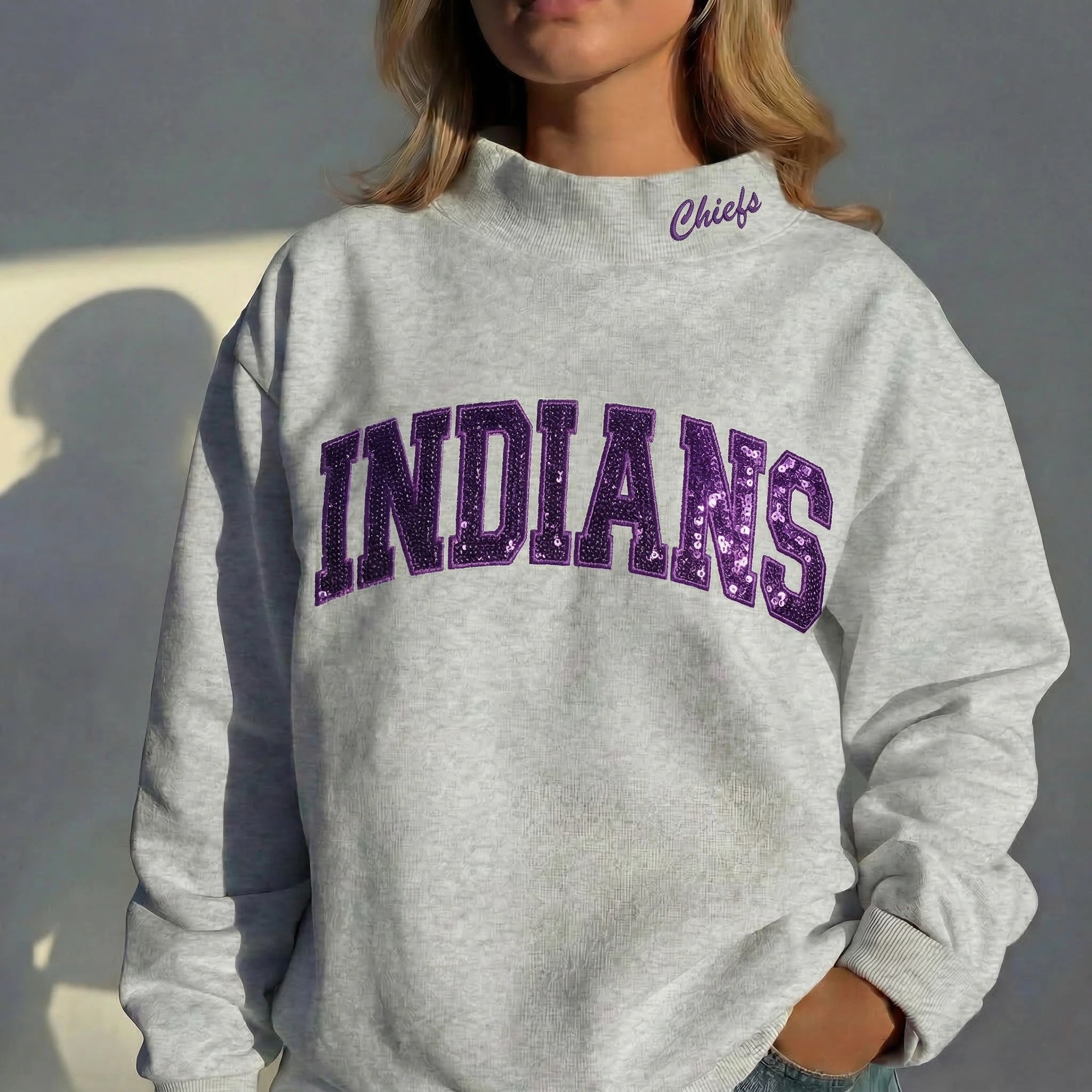 Custom Mock Neck Sequin Team Name Sweatshirt  Gifts for Sports Fans