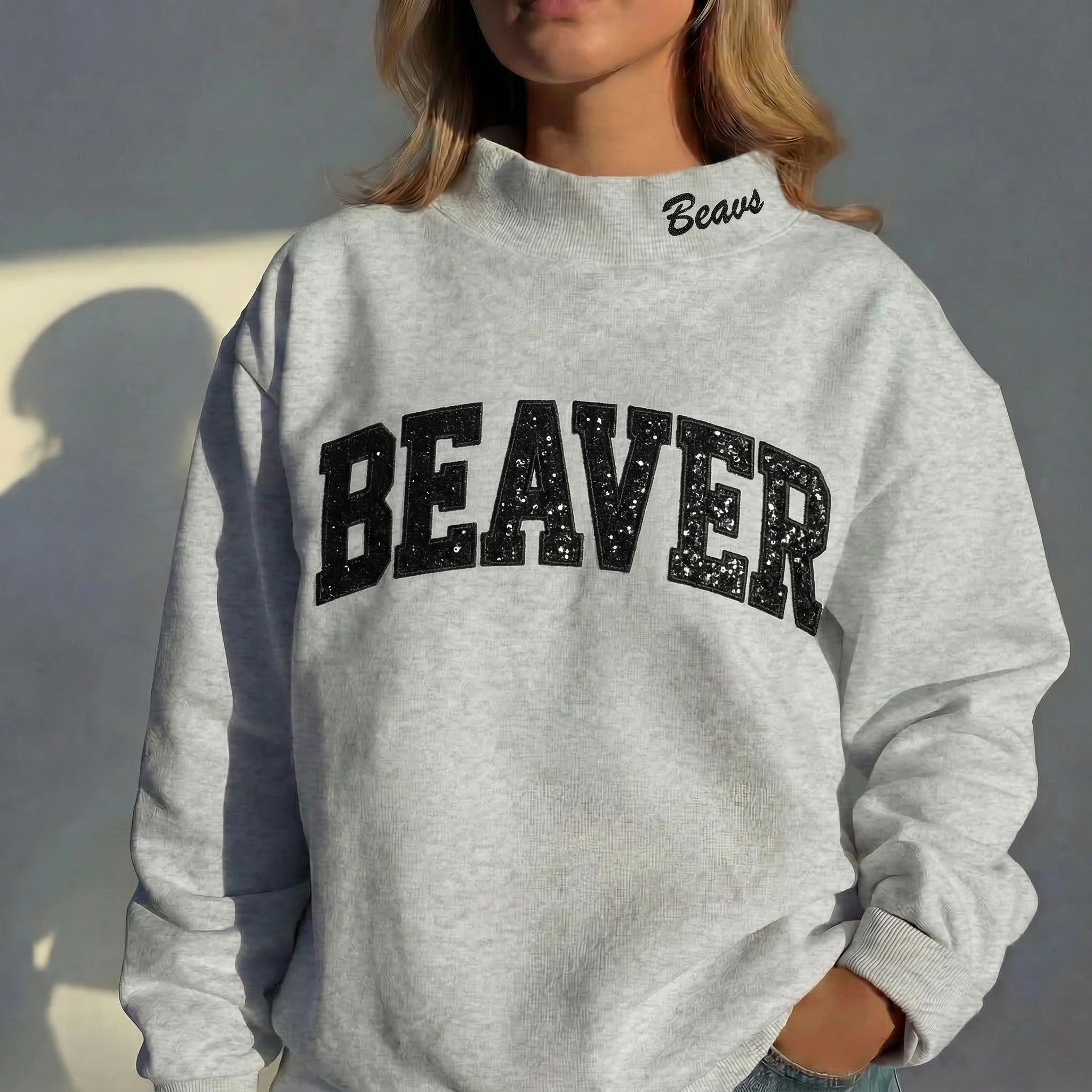 Custom Mock Neck Sequin Team Name Sweatshirt  Gifts for Sports Fans