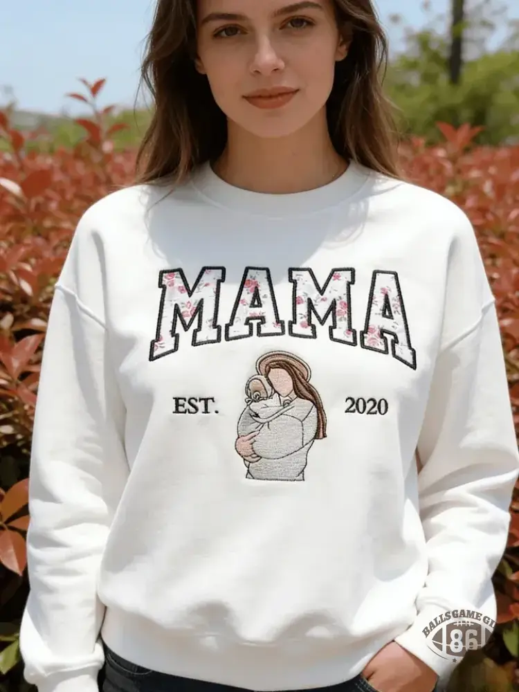 Mama Sweatshirt Floral Embroidered Portrait Custom Sleeve Name Mothers Day Gift for Mom