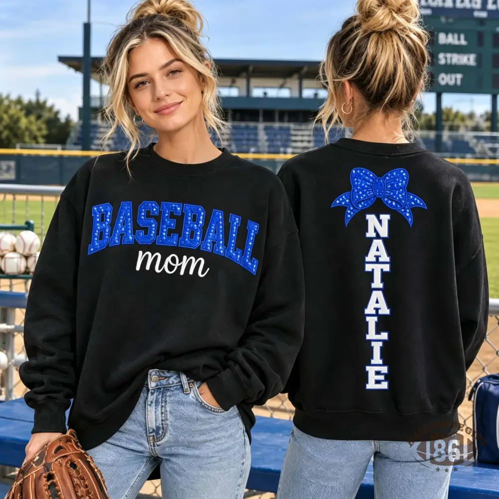 Personalized Baseball Mom Sweatshirt, Custom Name Back Bow Sequin Crewneck, Baseball Mom Gift, Game Day Sweatshirt