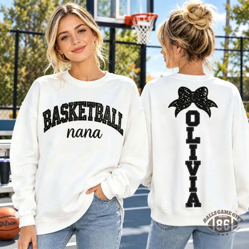 Personalized Basketball Nana Sweatshirt，Custom Name Bow Basketball Grandma Crewneck，Basketball Game Day Gift