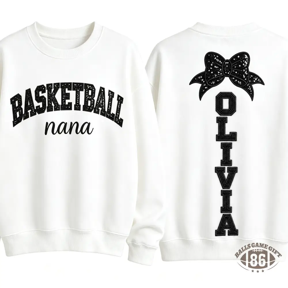 Personalized Basketball Nana Sweatshirt，Custom Name Bow Basketball Grandma Crewneck，Basketball Game Day Gift