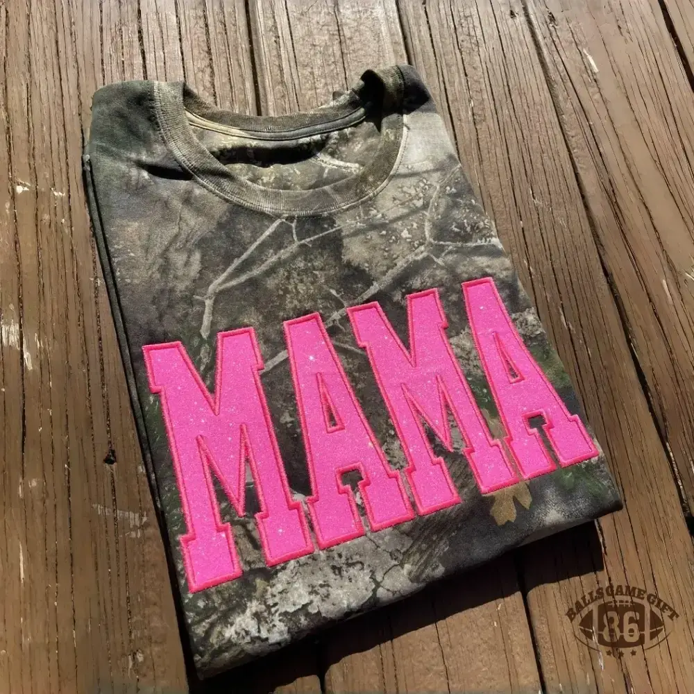 Pamaviva Personalized Camo Glitter Text Mama Shirt Custom Name Hunting Gift for Mom Mothers Day Apparel