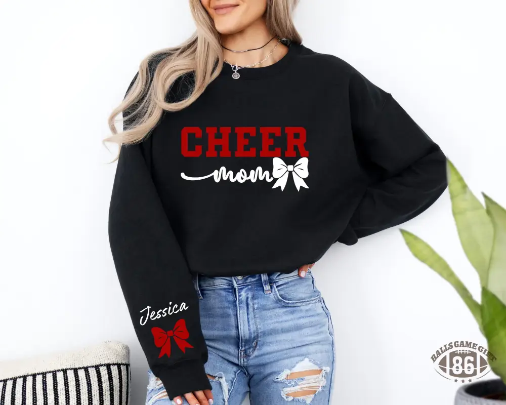  Personalized Cheer Mom Bow Sleeve Sweatshirt, Casual Spirit Wear