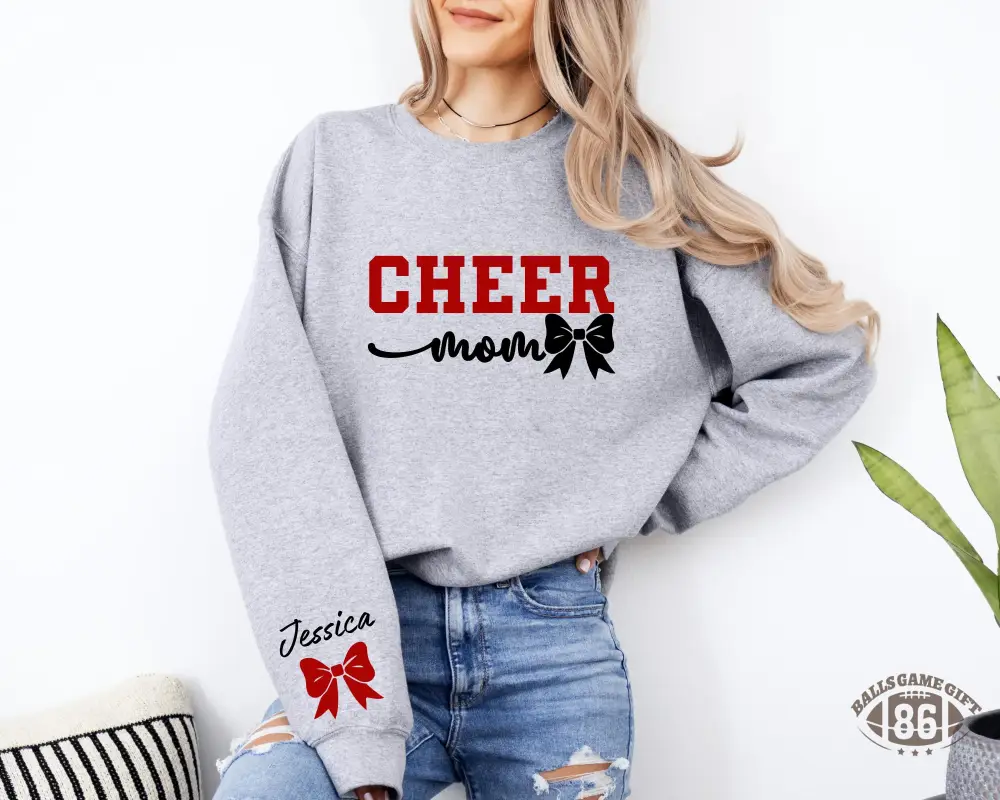  Personalized Cheer Mom Bow Sleeve Sweatshirt, Casual Spirit Wear