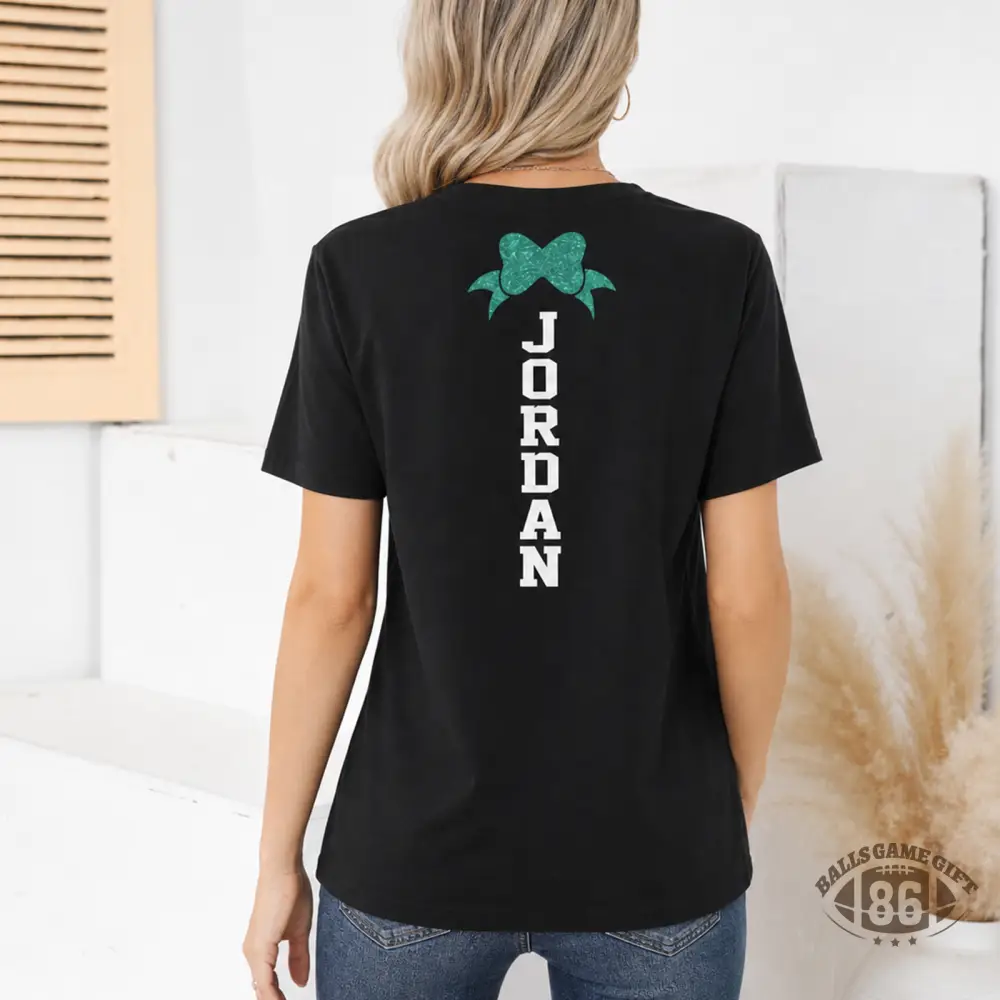 Personalized Cheer Mom Shirt Custom Name Bow Graphic Tee Double Sided Game Day T-Shirt Gift for Sports Moms