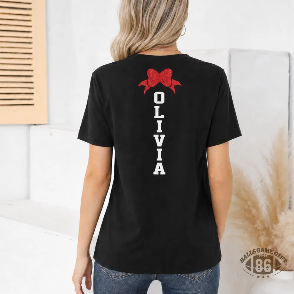 Personalized Cheer Mom Shirt Custom Name Bow Graphic Tee Double Sided Game Day T-Shirt Gift for Sports Moms