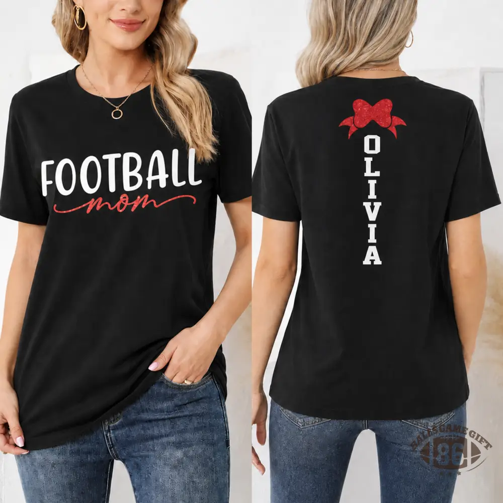 Personalized Cheer Mom Shirt Custom Name Bow Graphic Tee Double Sided Game Day T-Shirt Gift for Sports Moms