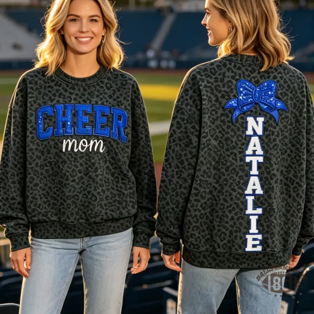 Personalized Cheer Mom Sweatshirt, Leopard Bow Custom Name Crewneck Sweatshirt