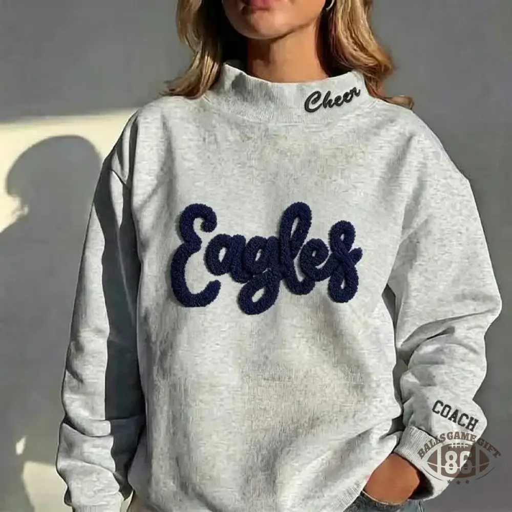Personalized Chenille Script Team Name Sweatshirt, Embroidered Collar High Neck Sports Fan Top