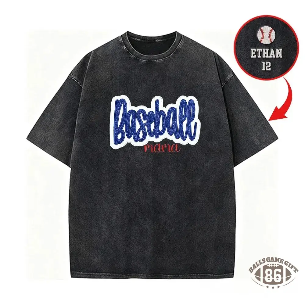 Personalized Custom Glitter Embroidered Baseball Mom Washed T-Shirt with Side Bow