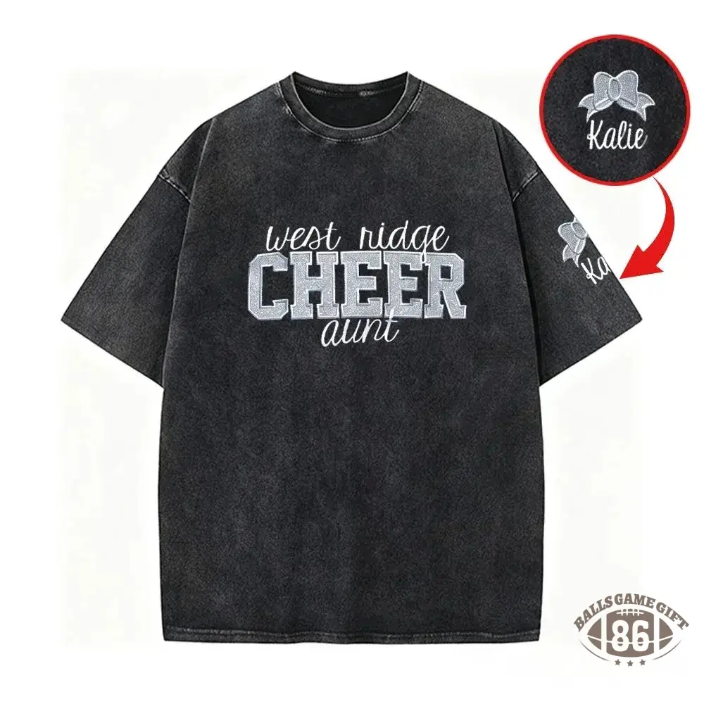 Personalized Custom Glitter Embroidered Cheer Mom Washed T-Shirt