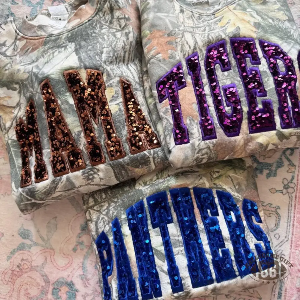 Personalized Custom Sequin Team Name Camo Sweatshirt Embroidered Sequin T-Shirt Hoodie