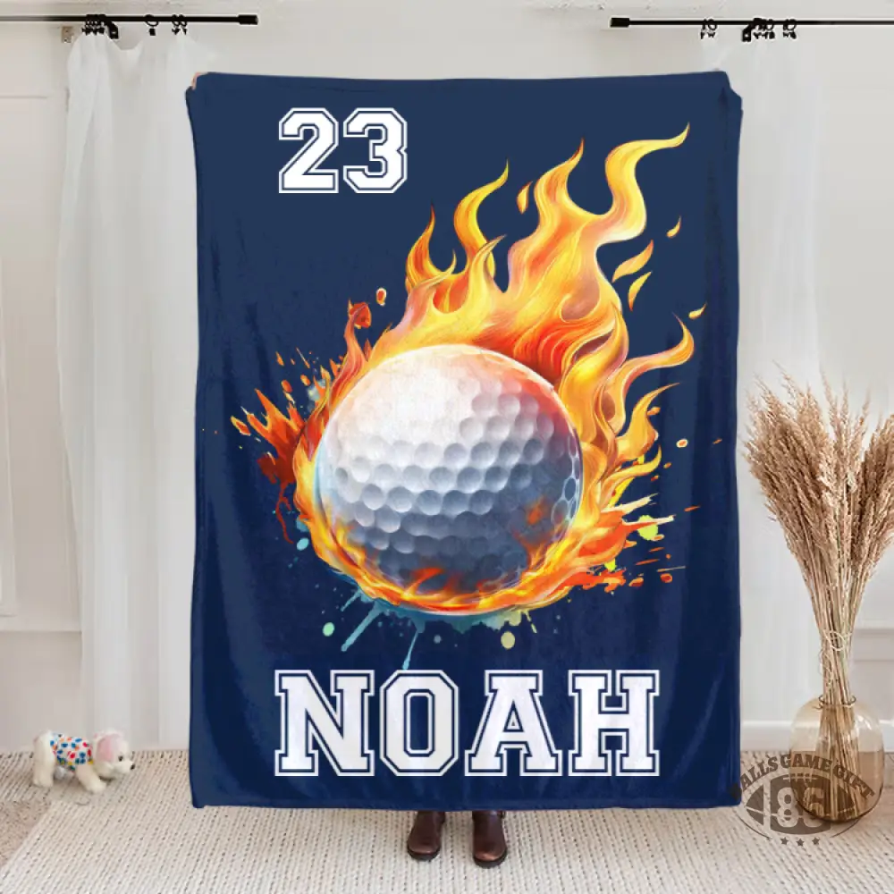 Personalized Flaming Sports Ball Throw Blanket, Custom Name & Number Game Day Gift
