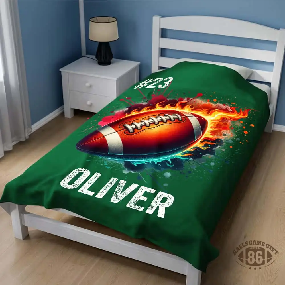Personalized Flaming Sports Ball Throw Blanket, Custom Name & Number Game Day Gift