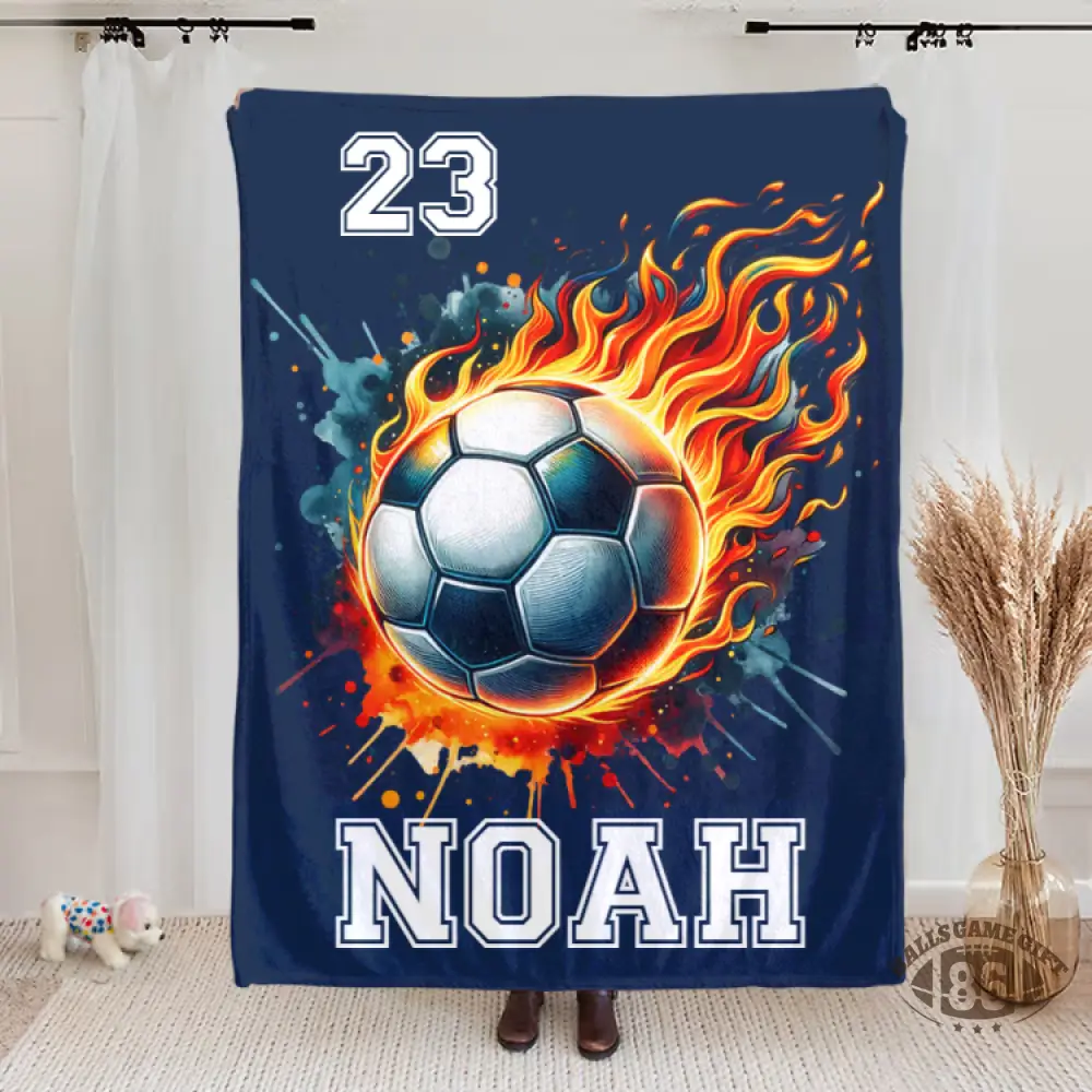 Personalized Flaming Sports Ball Throw Blanket, Custom Name & Number Game Day Gift