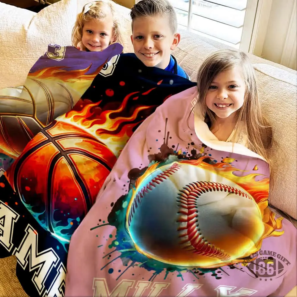Personalized Flaming Sports Ball Throw Blanket, Custom Name & Number Game Day Gift