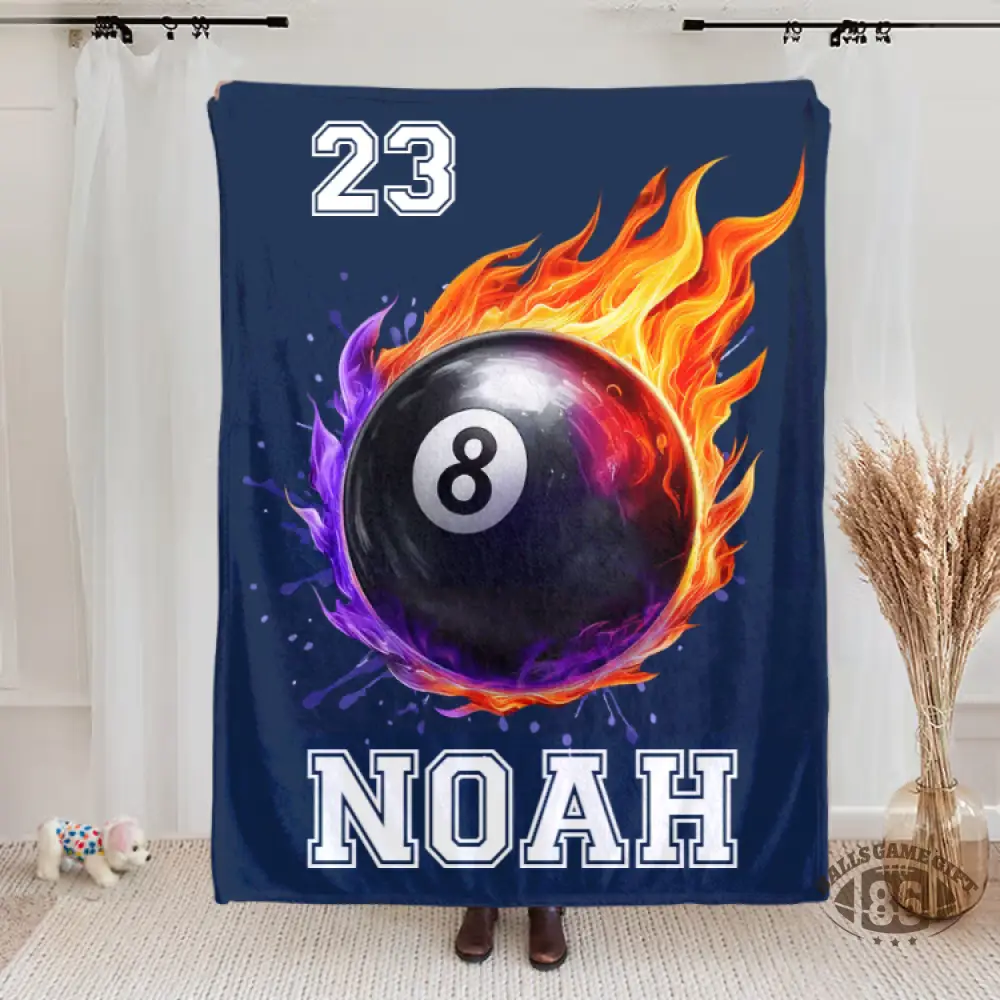 Personalized Flaming Sports Ball Throw Blanket, Custom Name & Number Game Day Gift