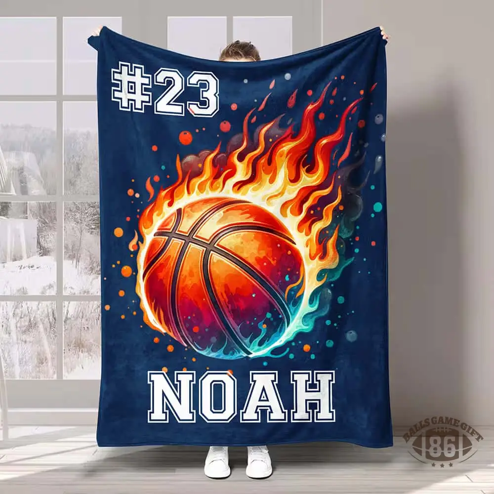 Personalized Flaming Sports Ball Throw Blanket, Custom Name & Number Game Day Gift