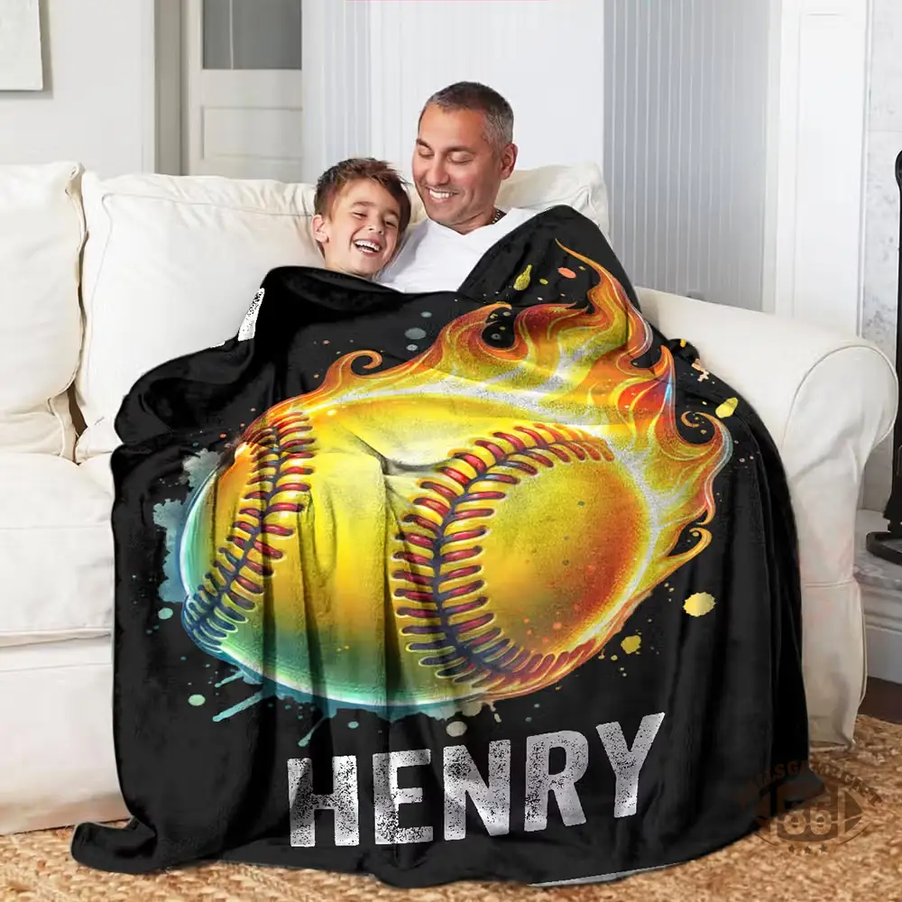 Personalized Flaming Sports Ball Throw Blanket, Custom Name & Number Game Day Gift
