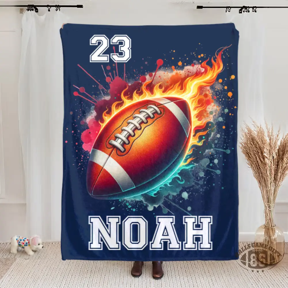 Personalized Flaming Sports Ball Throw Blanket, Custom Name & Number Game Day Gift