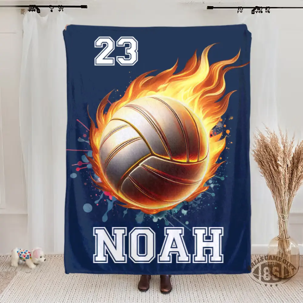 Personalized Flaming Sports Ball Throw Blanket, Custom Name & Number Game Day Gift