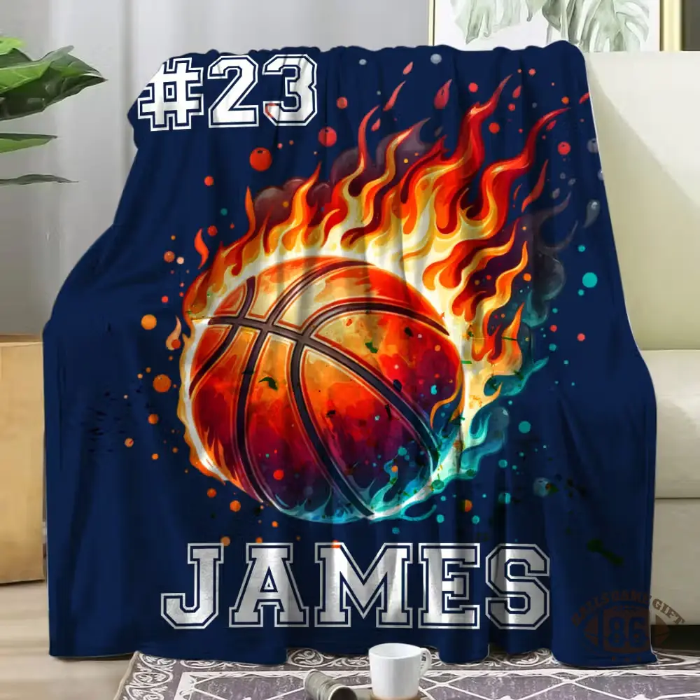 Personalized Flaming Sports Ball Throw Blanket, Custom Name & Number Game Day Gift