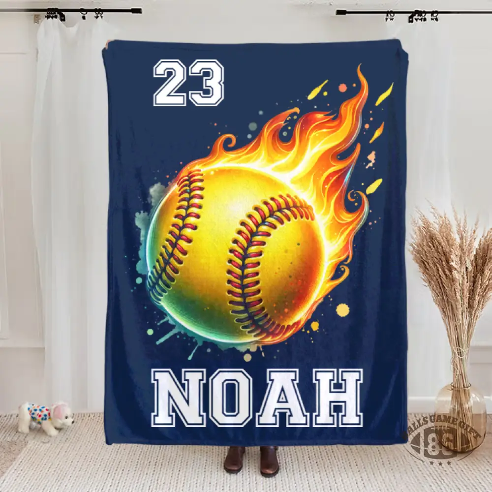 Personalized Flaming Sports Ball Throw Blanket, Custom Name & Number Game Day Gift