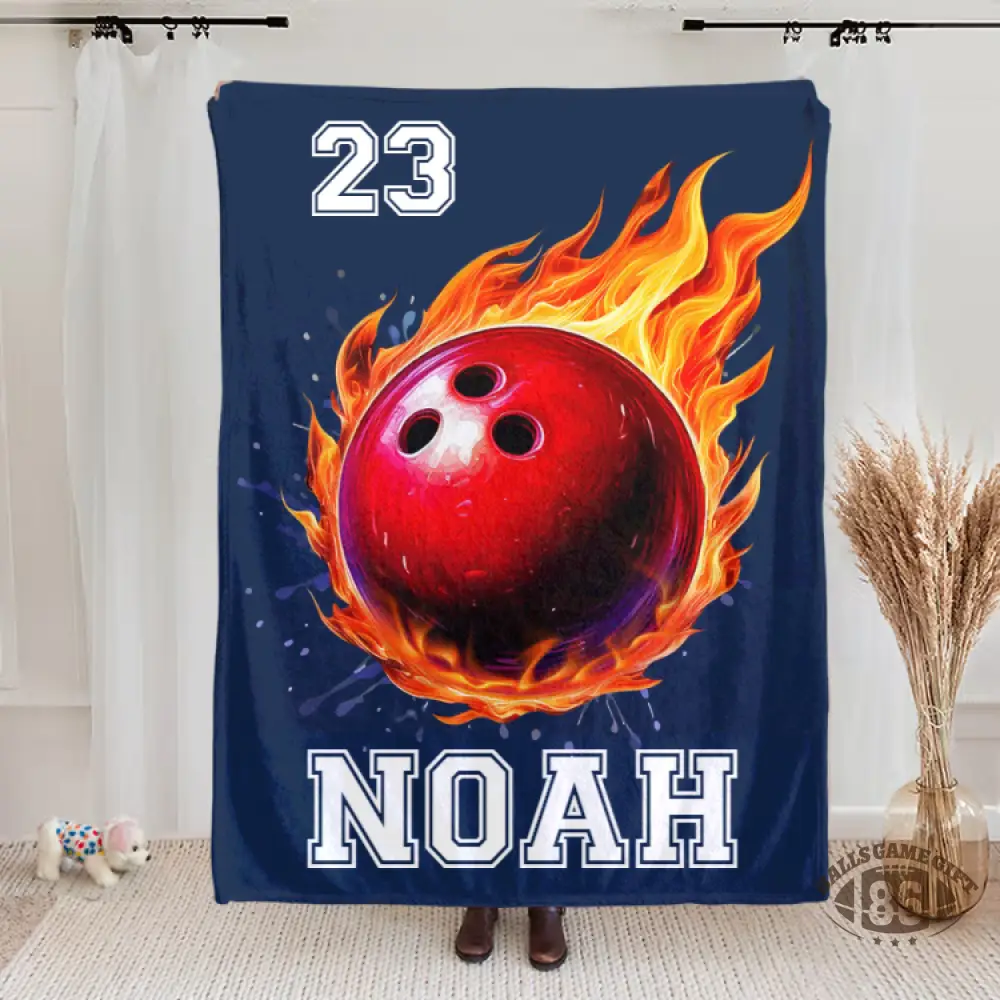 Personalized Flaming Sports Ball Throw Blanket, Custom Name & Number Game Day Gift