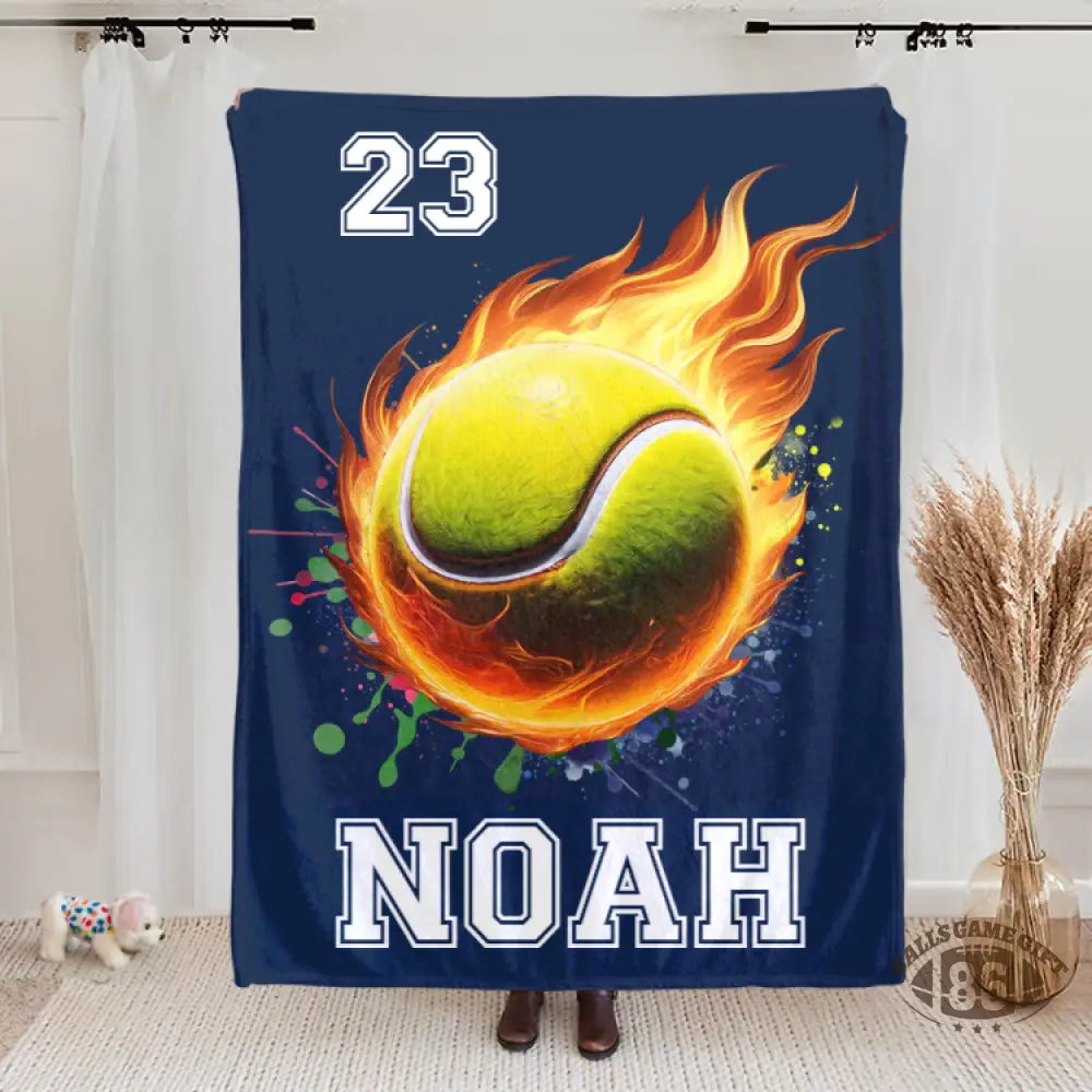 Personalized Flaming Sports Ball Throw Blanket, Custom Name & Number Game Day Gift