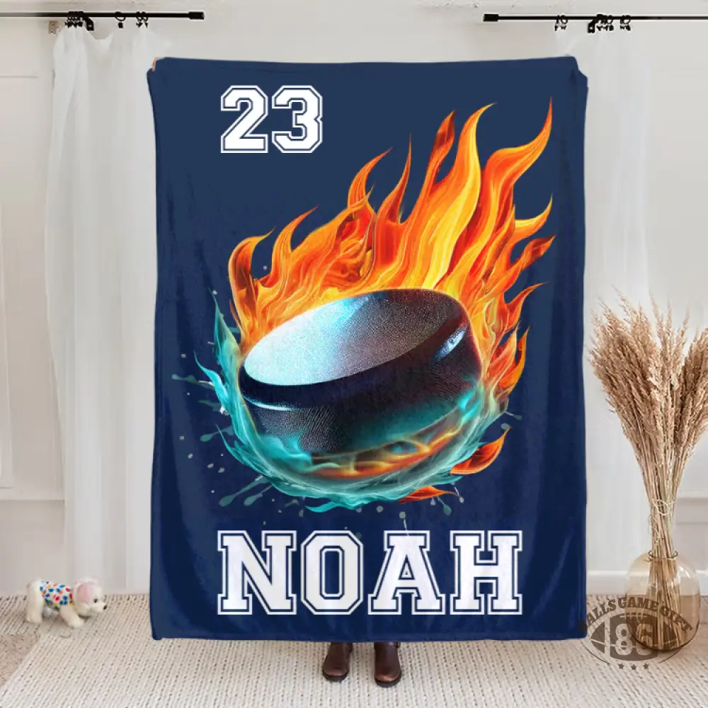 Personalized Flaming Sports Ball Throw Blanket, Custom Name & Number Game Day Gift