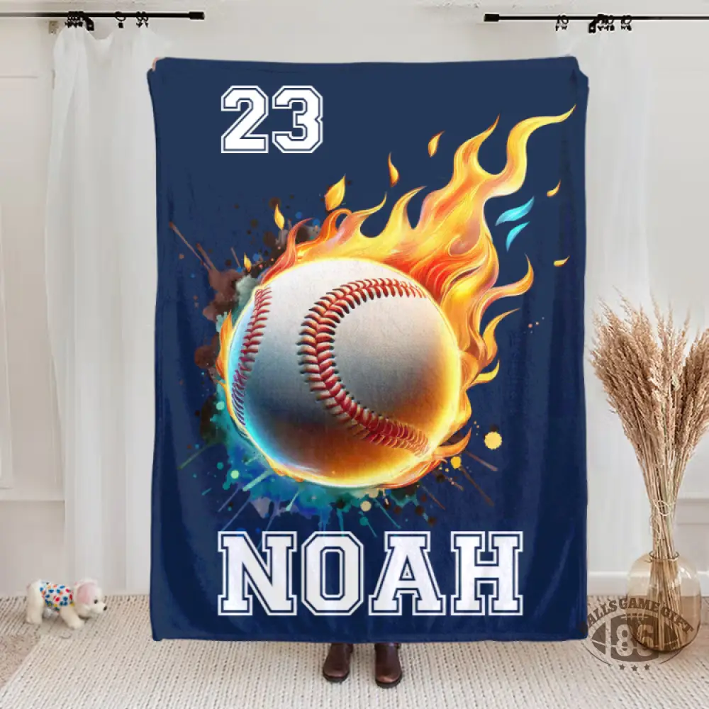 Personalized Flaming Sports Ball Throw Blanket, Custom Name & Number Game Day Gift