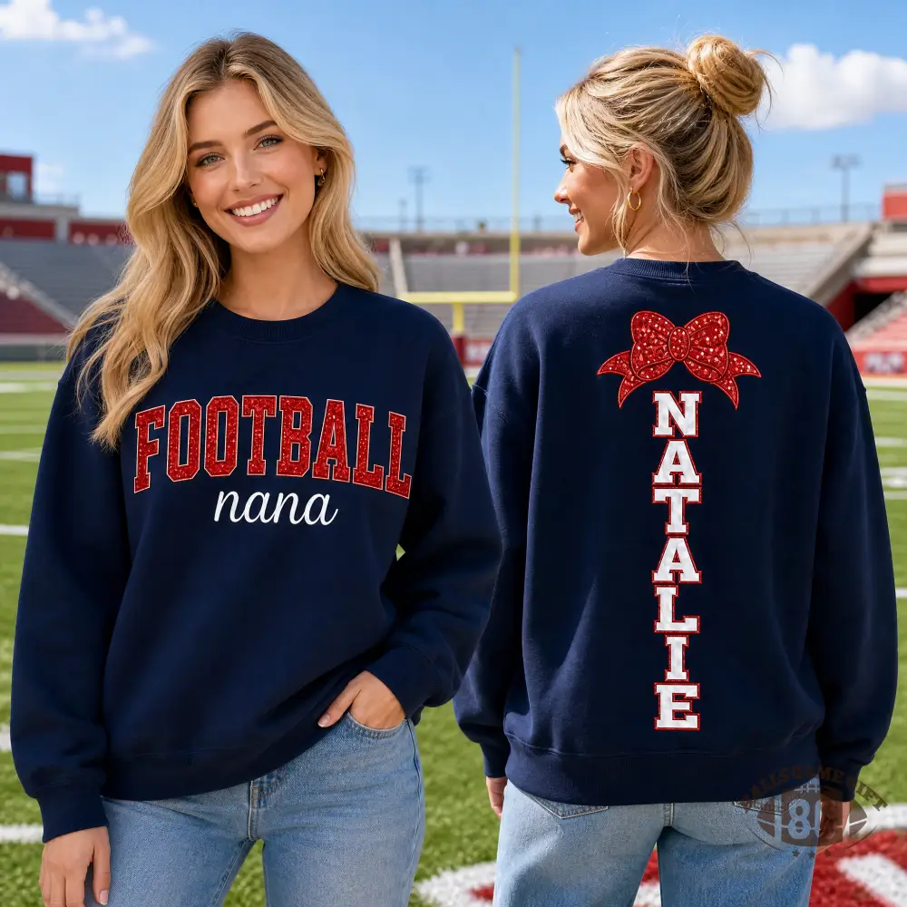 Personalized Football Mom Nana Sweatshirt, Custom Name Bow Football Grandma Crewneck, Game Day Sweatshirt