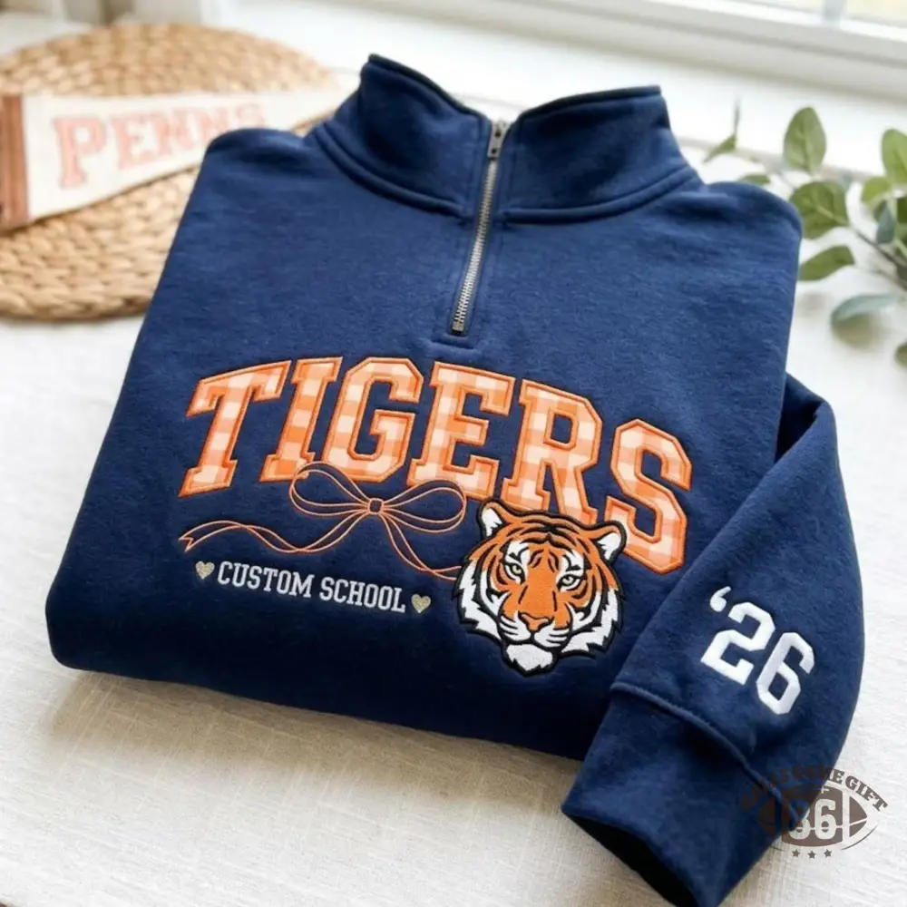 Personalized Gingham College Shirt Embroidered Custom Mascot Quarter Zip Sweatshirt, School Spirit Shirt