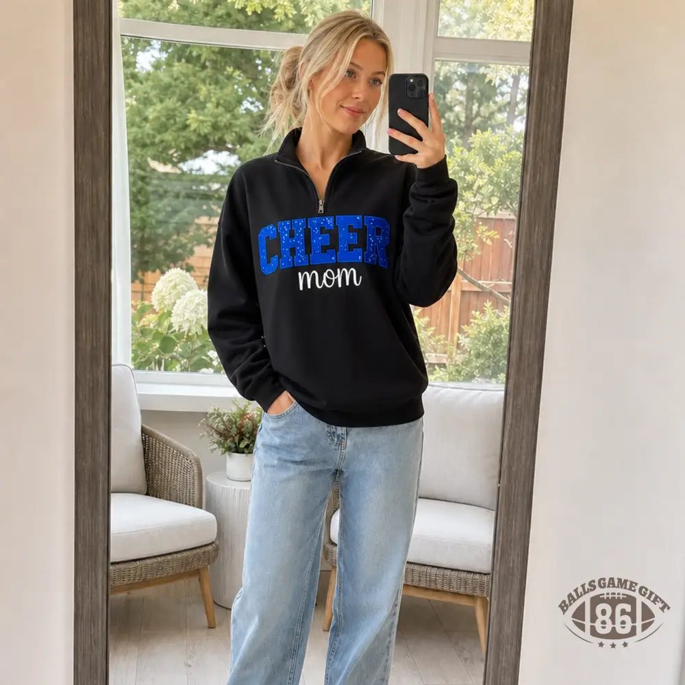 Personalized Glitter Cheer Mom Quarter Zip Sweatshirt Custom Kid Names Blue Bow Cheer Mom Pullover