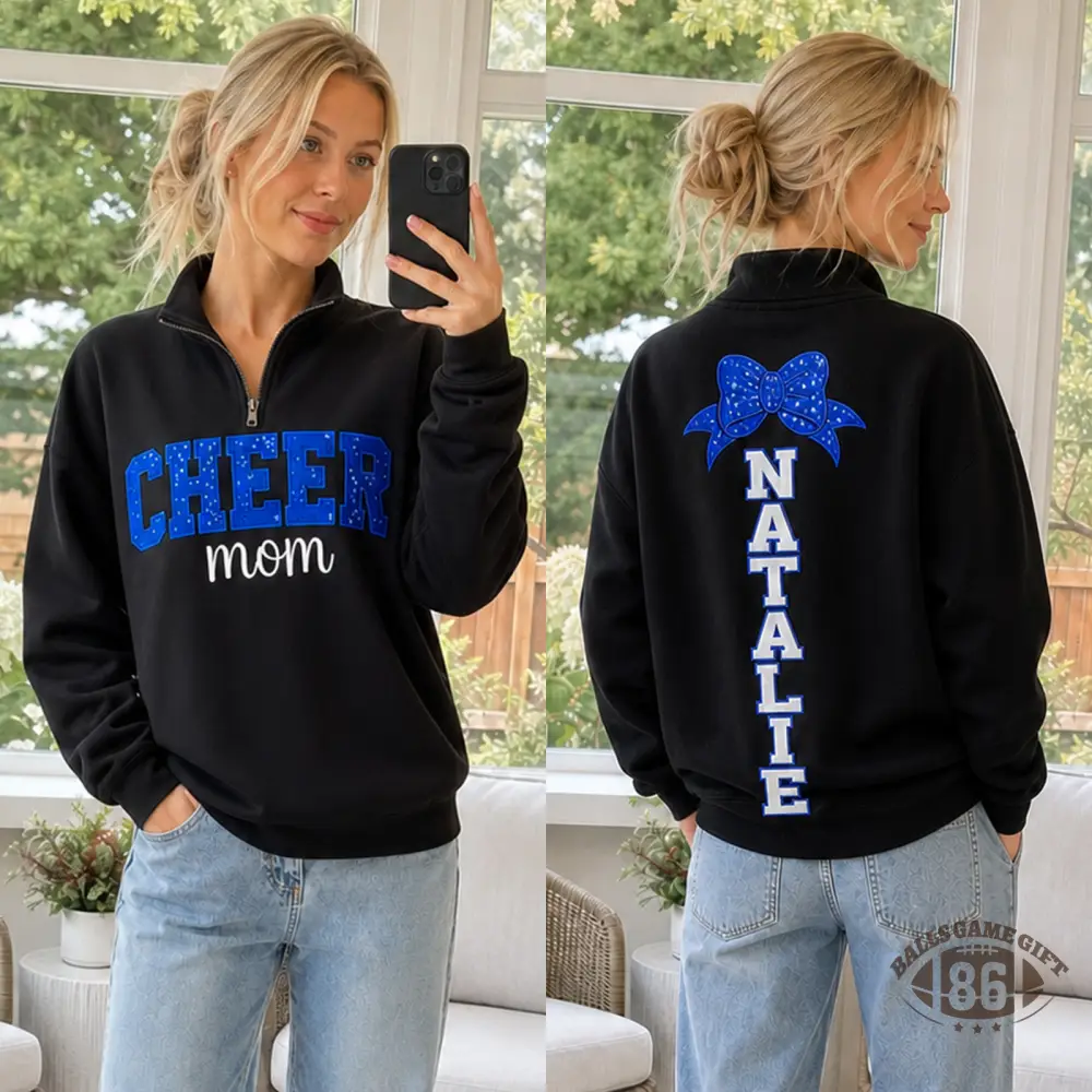 Personalized Glitter Cheer Mom Quarter Zip Sweatshirt Custom Kid Names Blue Bow Cheer Mom Pullover