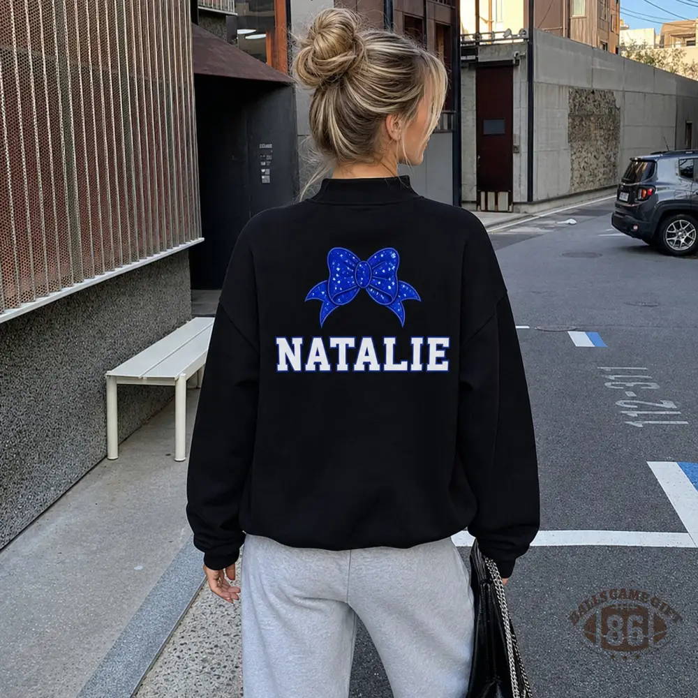 Personalized Glitter Cheer Mom Quarter Zip Sweatshirt Custom Kid Names Blue Bow Cheer Mom Pullover