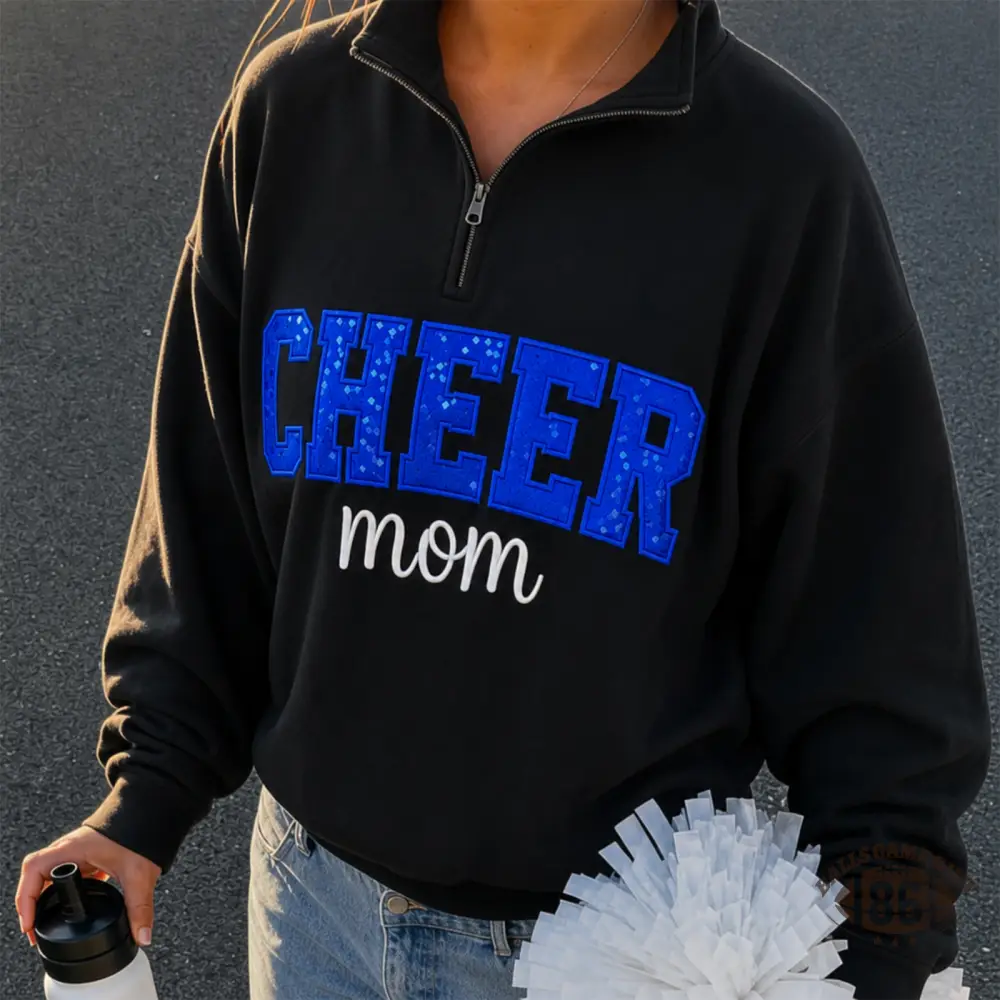 Personalized Glitter Cheer Mom Quarter Zip Sweatshirt Custom Kid Names Blue Bow Cheer Mom Pullover