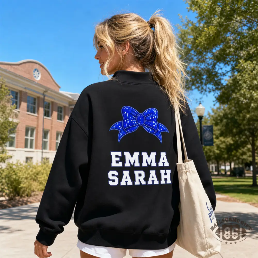 Personalized Glitter Cheer Mom Quarter Zip Sweatshirt Custom Kid Names Blue Bow Cheer Mom Pullover