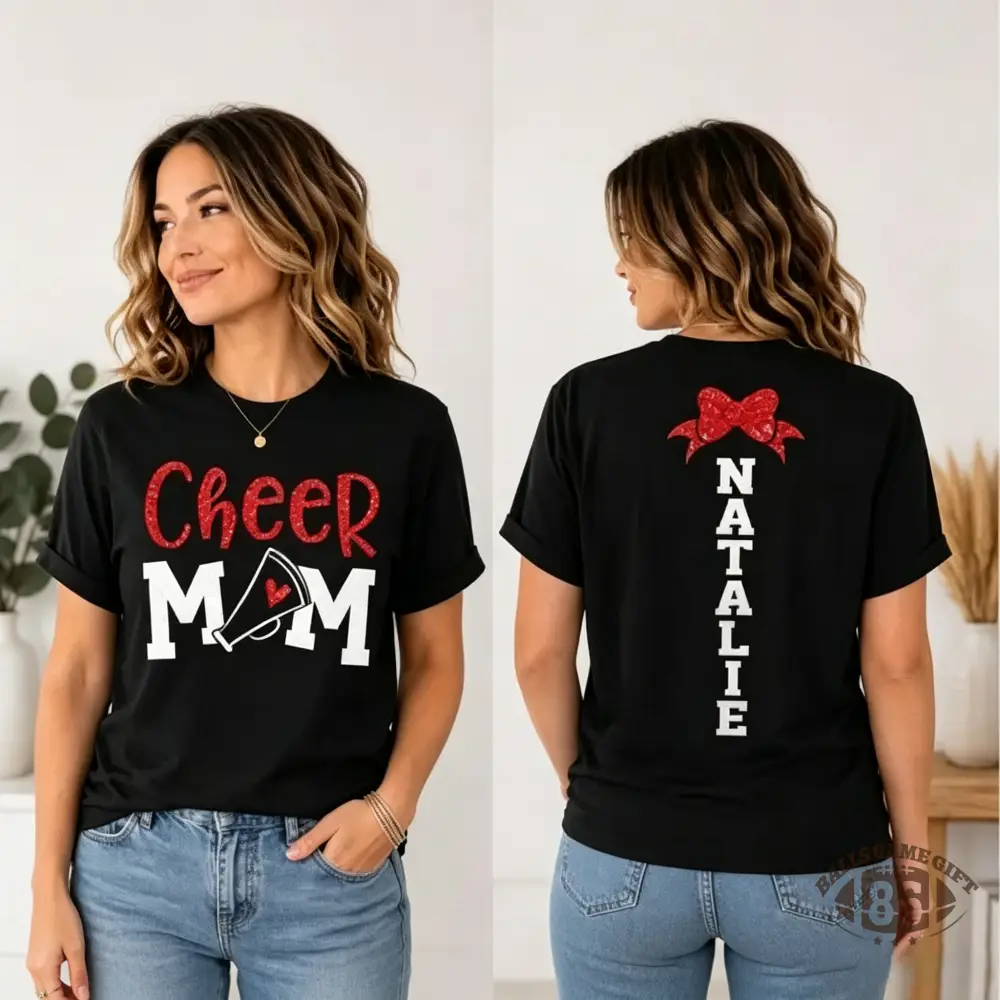 Personalized Name Back Bow Tee, Cheerleader Mom Game Day Shirt
