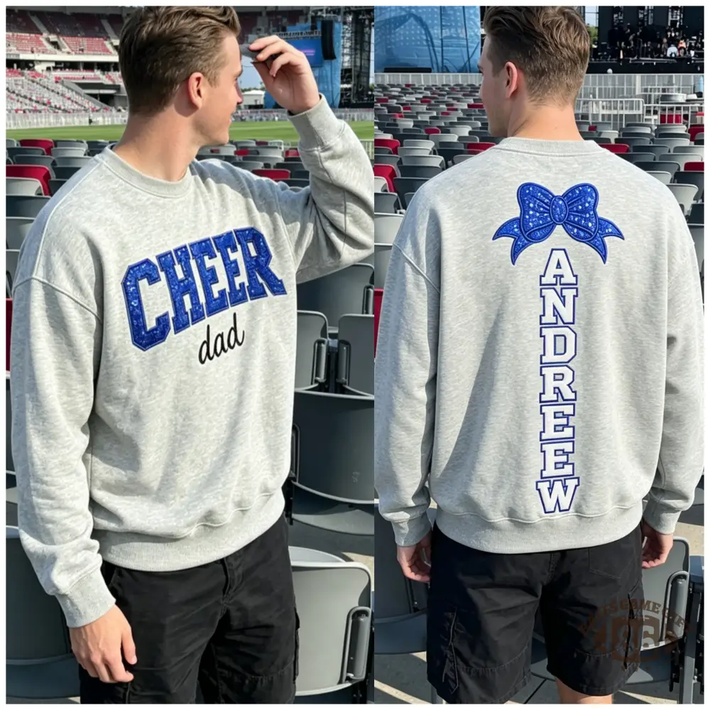 Personalized Name Bow Embroidered Crewneck for Cheer Dad, Game Day Cheerleading Dad Sweatshirt