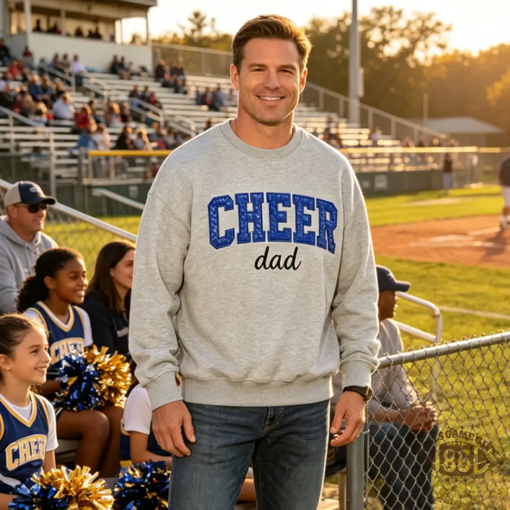 Personalized Name Bow Embroidered Crewneck for Cheer Dad, Game Day Cheerleading Dad Sweatshirt