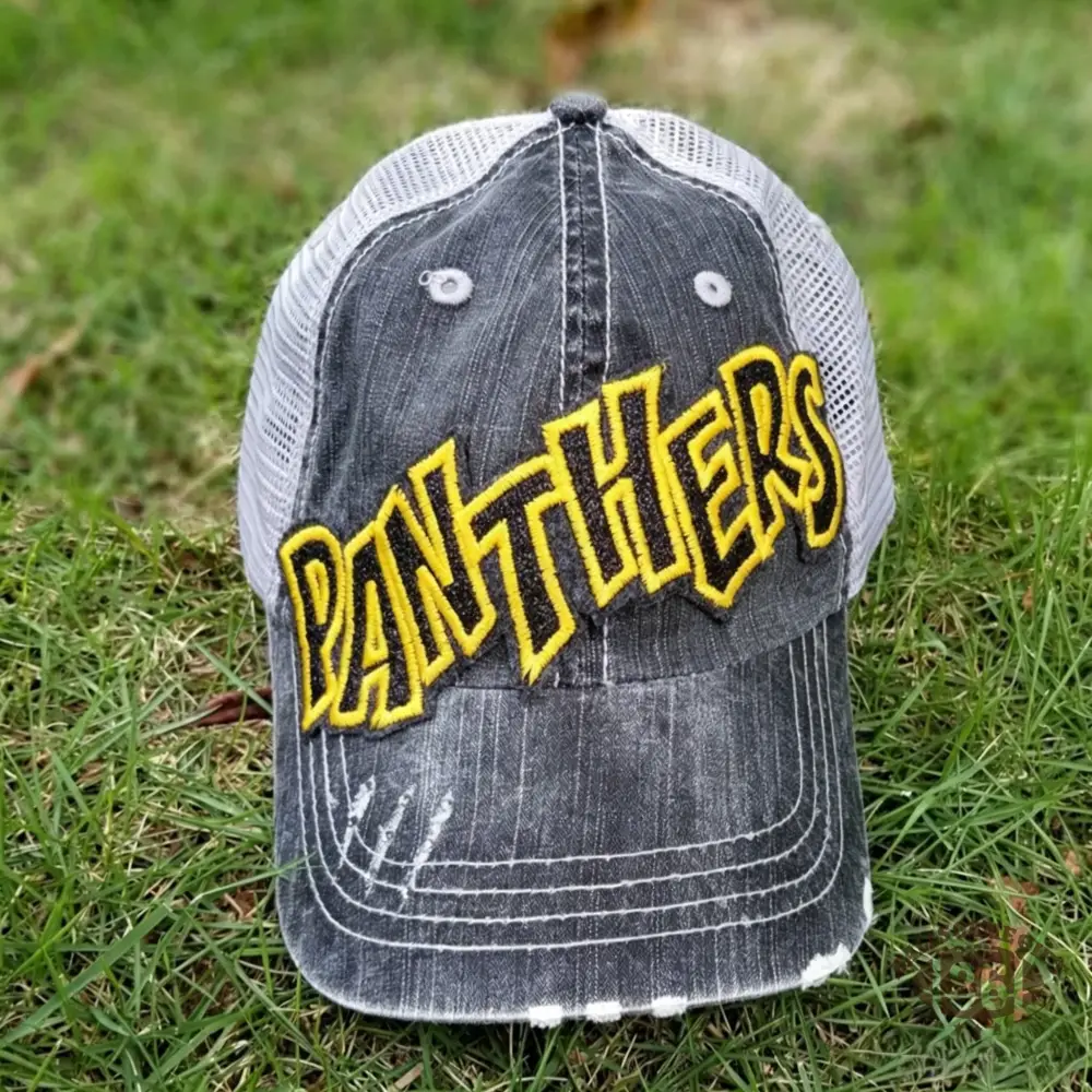 Personalized Panthers Glitter Team Name Vintage Washed Mesh Trucker Hat Custom Rhinestone Sport Mom Ponytail Cap